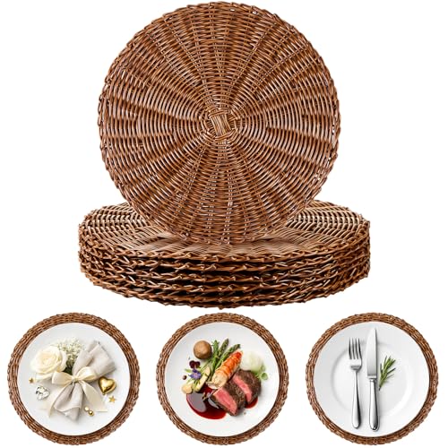 Tiangrid 6 Set 15 Inch Plastic Faux Rattan Charger Plates Round Brown Woven Rustic Wicker Table Placemats for Dinner Table Setting Boho Wedding Parties Home Kitchen Decor Tiangrid 6 Set 15 Inch Plastic Faux Rattan Charger Plates Round Brown Woven Rustic Wicker Table Placemats for Dinner Table Setting Boho Wedding Parties Home Kitchen Decor