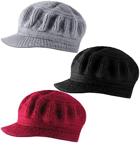 Mepase 3 Pieces Women Winter Warm Knit Hat Slouchy Beanie Cap with Visor Knitted Newsboy Hats for Women Ski Snow Caps, Red, Black and Gray