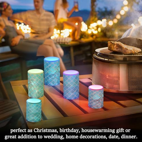Image of Eionryn Turquoise Ceramic Mosaic Flameless Candles Moroccan Pattern Green Teal Battery Operated LED Candles with Remote Timer Electric Candles for Home Party Decor 2pcs