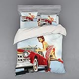 Ambesonne Pin up Girl Duvet Cover Set, Retro Girl with Polka Dot Patterned Midi Skirt Fixing Classic Red American Car, 4 Piece Bedding Set with Shams and Fitted Sheet, Queen Size, Multicolor