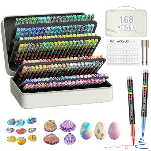 TrendGate 168+2 Colori Pennarelli Acrilici per Dipingere Sassi, Pennarelli Acrilici Punta Brush per Tessuti, Ceramica, Legno, Pietra, Vetro, Plastica, Metallo