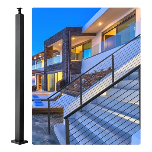 VEVOR Poste de Barandilla de Cable de Acero de 91,4 x 5 x 5 sin Agujeros, Poste de Riel de Cable de Acero Inoxidable SUS304, Poste de Pasamanos de Escalera con Soporte Horizontal y Curvado, Negro