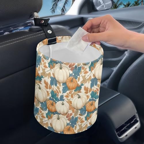 Image of White Pumpkins Trash Can for Car Auto Garbage Can for Back Seat Leak Proof with Adjustable Buttons Car Accessories for Women Interior