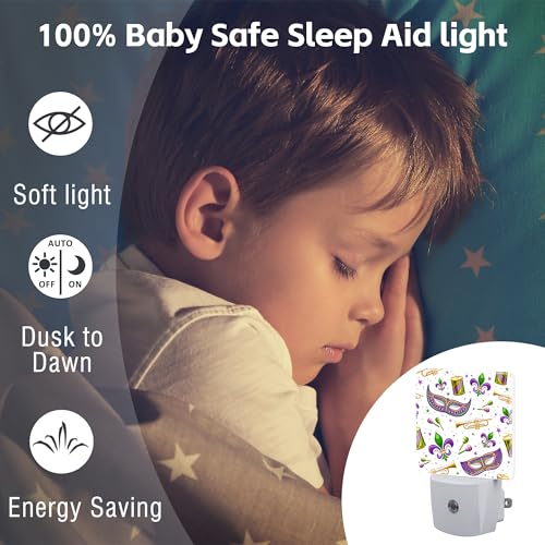 Image of Mardi Gras Carnival Night Light, Fleur De Lis Mask and Musical Instruments Dusk to Dawn Night Light Plug in,0.5w Energy Saving Sleep Friendly NightLight for Kids Boys Girls Home Decor