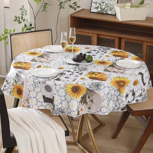 Round Vinyl Tablecloth with Flannel Backing Waterproof Oil-Proof PVC Table Cloth Stain-Resistant Wipeable Table Cover for Round Table(70