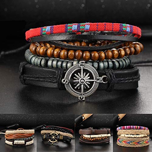 Image of ZIVOM Leather Handcrafted Wood Tibetan Vintage Thread Stackable Multi-strand Wrist Band Bracelet Combo Pack Of 2 Boys Men's