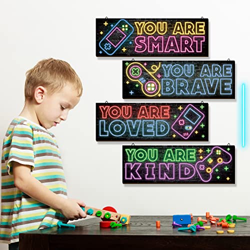 YLOLUL 4 Pieces Neon Gaming Decor for Boys Room Wooden Video Game Wall Art Print 15.7 X 5.1 Inch Motivational Quote Gamer Hanging Plaques Wall Decor for Boys Kids Room Bedroom Playroom Decorations - Image 4