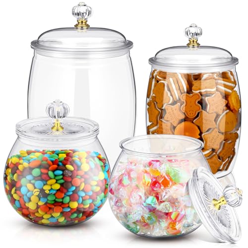 Nuogo 4 Pcs Plastic Candy and Cookie Jars with Lids Clear Cookie Container Candy Jars Large Airtight Apothecary Storage Organization for Wedding Home Kitchen Bar(30/42/64 oz)