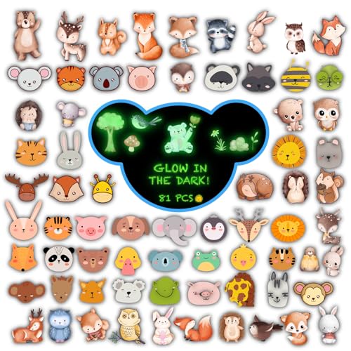 81 PCS Glow in The Dark Cute Animal Stickers for Kids, Waterproof Forest Animal Water Bottle Stickers for Kids, Stickers Animals Laptop Decals for Teens Girls Boys