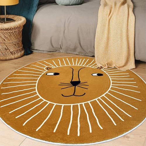 USTIDE Kids Rug Round 4Ft, Round Lion Play Mat Non Slip Kids Circle Rug Soft Nursery Rug Wahable Floor Carpet for Living Room Bedroom Playroom Decor