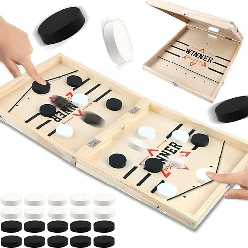 2025 Faltbar Hockey Brettspiel, Sling Puck Spiel Großes, Tragbares Tischhockey Spiele, Slingshot Brettspiel, Doppelkampf Schnell Bouncing Holzbrettspiel, Partyspiele für Eltern Kind Interaktio