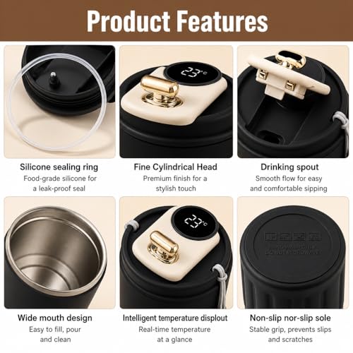 Image of Insulated Coffee Travel Mug with Smart LED Temperature Display - 460ml Vacuum Insulated 316 Stainless Steel Thermos Flask - Leakproof Reusable Tea & Water Bottle for Office, Car & Outdoor
