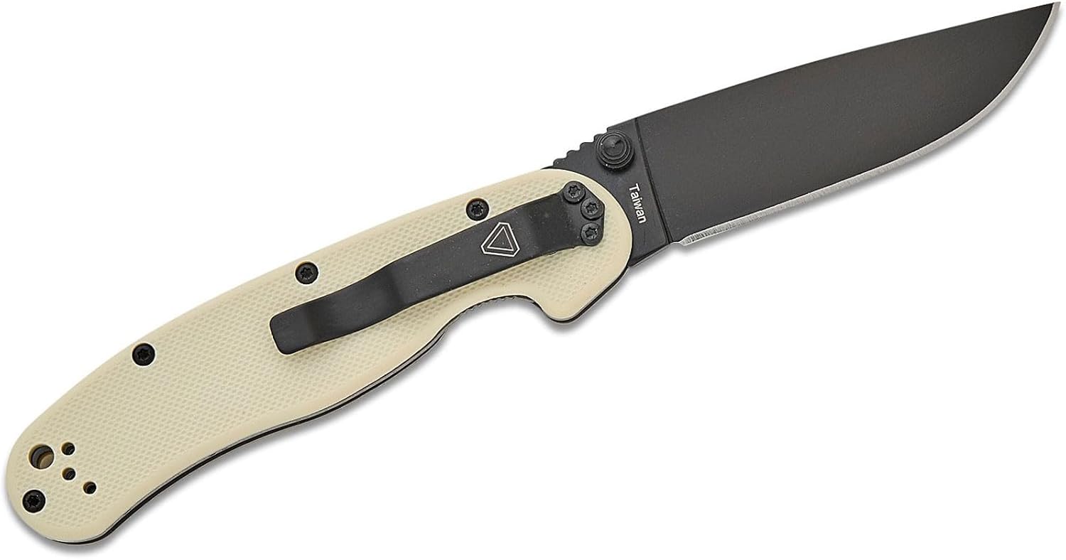Ontario Knife Company Rat II, Black Coated AUS-8 Stainless Steel Drop-Point Blade Folding Pocket Knife, Bone-Colored Nylon Handle Liner Lock Knife, Everyday Carry Knife – ON8862BONE