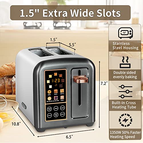 Seedeem Toaster 2 Slice, Stainless Steel Bread Toaster With Lcd Display And Touch Buttons, 50% Faster Heating Speed, 6 Bread Selection, 7 Shade Settings, 1.5''Wide Slots Toaster With Cancel/Defrost/Reheat Functions, Removable Crumb Tray, 1350W, Dark Metallic #TOP1