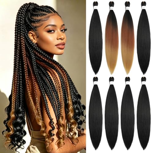 Braiding Hair Pre Stretched Long Braids 8 Packs 22 Inch Synthetic Soft Itch Free No Tangle Hot Water Setting for Box Braids and Twists Mix Colors Optional（6*Black+2 * 1B/30/27)