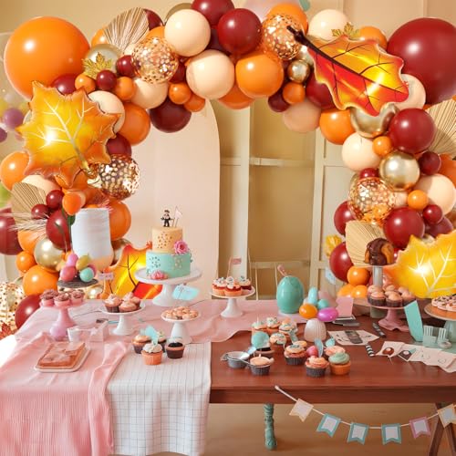 Image of Orange Balloon Arch Kit Fall Thanksgiving Garland with Leaf Foil Ballons