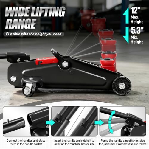 Image of DNA Motoring 1.5 Ton Car Floor Jack Low Profile Hydraulic Trolley Service /Floor Jack, 1.5T / 3000 lbs Capacity, Lifting Range 5.3 Inch -12 Inch, with Storage Case, Black, TOOLS-00327-BK