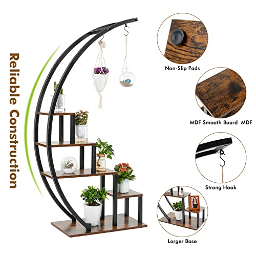 Ikkle 5 Tier Metal Plant Stand With Hanging Loop, Plant Shelf Holder For Outdoor Clearance, Large Half-Moon-Shaped Flower Pot Stand Display Rack For Home, Patio, Lawn, Garden, Balcony (2 Pack) #TOP3