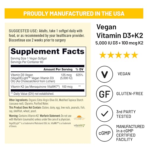 Image of NatureWise Vegan Vitamin D3 K2 Supplement, 5000IU + 100mcg, 60 Softgels