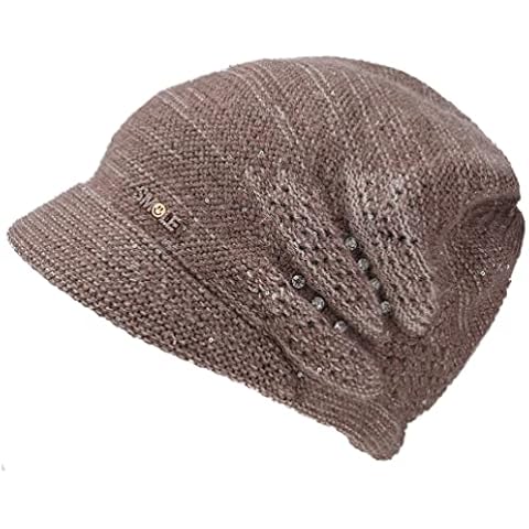 YUSSTAR Slouchy Knit Beanie with Brim Visor Bill Fancy Chemo Cap Winter Baggy Hats Women, Dark Khaki, One Size Cover