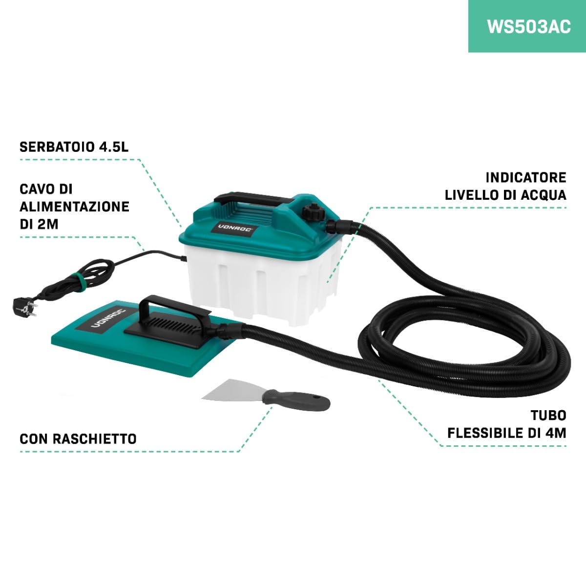 VONROC Vaporizzatore per Carta da Parati 2300W – Serbatoio 4,5L per 70 Min di Vapore – Tubo 4 m – Doppia Piastra Grande + Piccola – Rimozione Rapida Senza Chimici – Raschietto Incluso