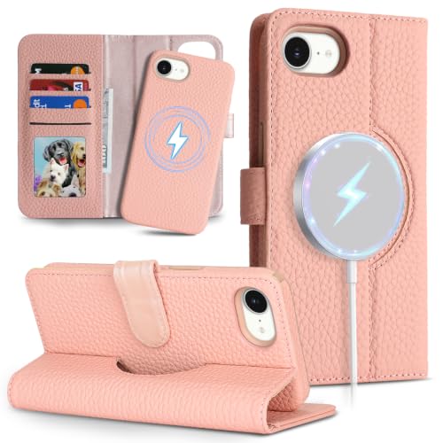 Image of Detachable Genuine Leather Case for iPhone 16e / iPhone 17e Wallet Case Magnetic 2in1 Removable Flip Cover Book Purse Compatible with Magsafe Charging Kickstand Card Holder-Pink