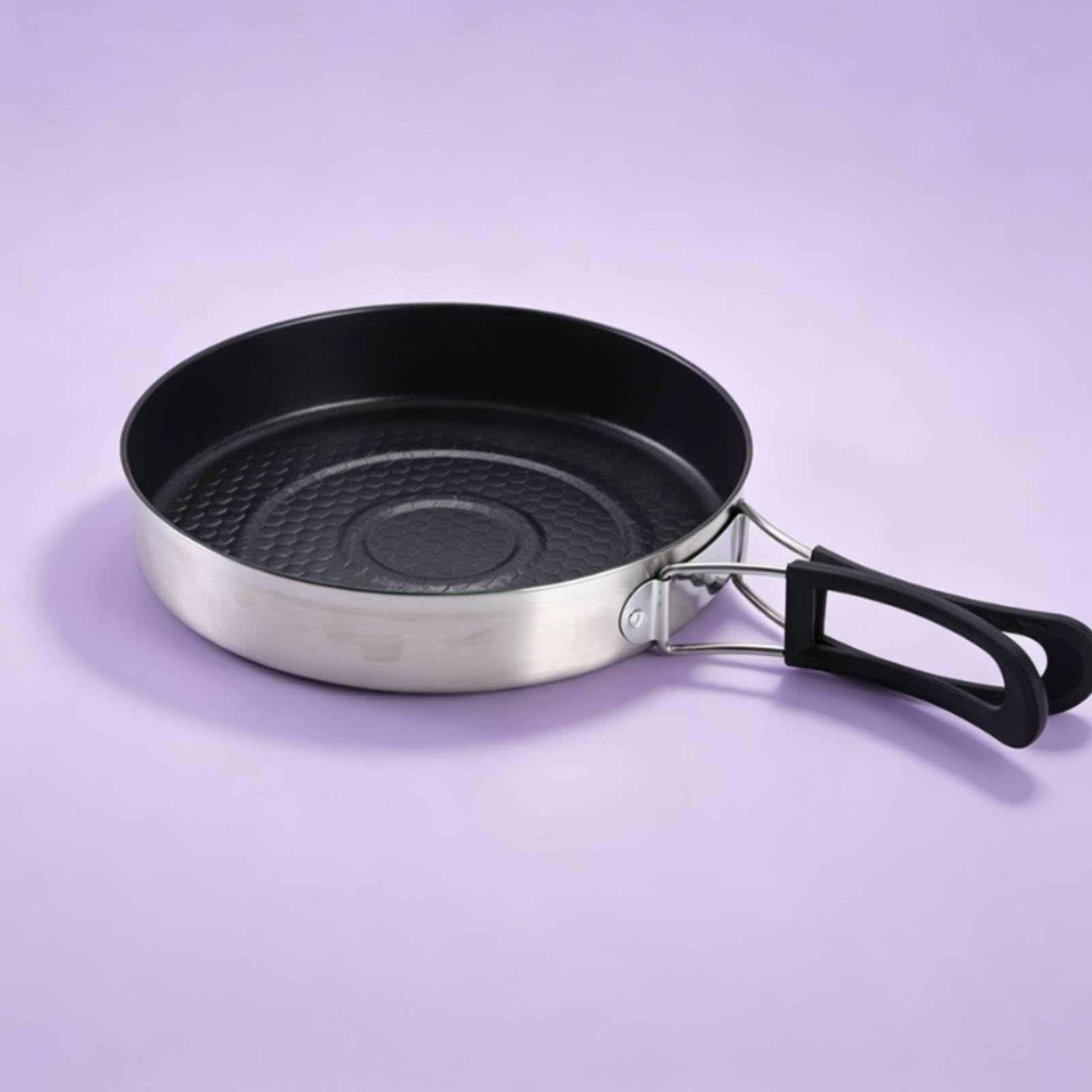 LOVIVER 4 Piezas Utensilios de Batería Portátil Olla Sartén y Tetera Acero Inoxidable 304 con Abatibles Adecuado para Camping Rutas Mochilero