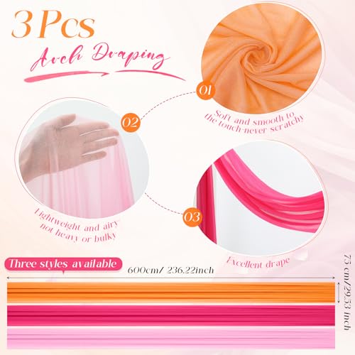 Image of Pink Orange Wedding Arch Draping Fabric 3 Panels 2.46 x 20ft Sheer Chiffon Backdrop in Pink, Rose Red, Orange for Wedding Ceremony, Birthday, Bridal Shower, and Outdoor Party Decoration