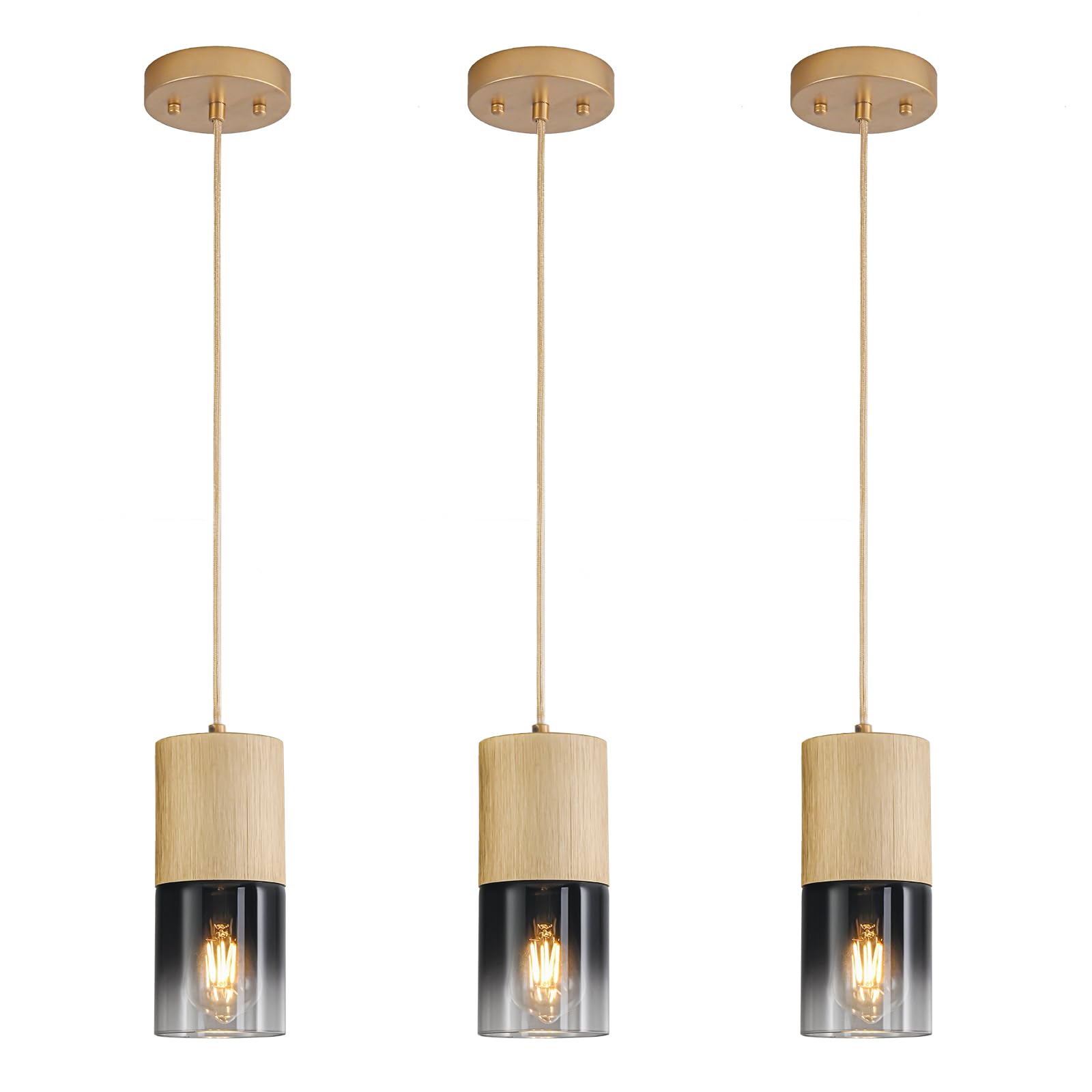3-Pack Gold Pendant Light Fixtures, Adjustable Modern Black Pendant Lights for Kitchen Island, Industrial Glass Pendant Lights for Dining Table Hallway Bedroom Living Room