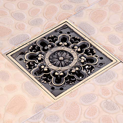 Desagüe de Suelo, Escurridor de Rejilla de residuos de Suelo Decorativo con Cubierta Cuadrada de latón Antiguo de 4" DrainSteel