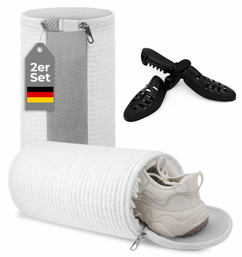 Schuhwaschbeutel Waschmaschine 4-in-1 2er Set mit Schuhspanner & Lock Reißverschluss Schuhwaschbeutel Wäschebeutel für Schuhe 360 Reinigung ideal für Sneaker (White+Grey)
