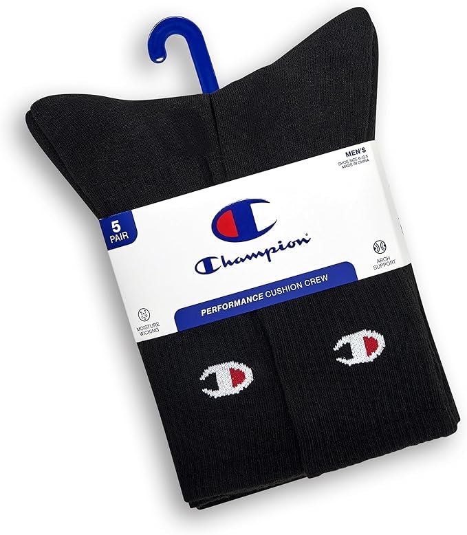 Image of Champion Men's Cushioned Crew Socks 5-Pack - Moisture-Wicking Athletic Crew Socks with Arch Support (Sizes 6-12)