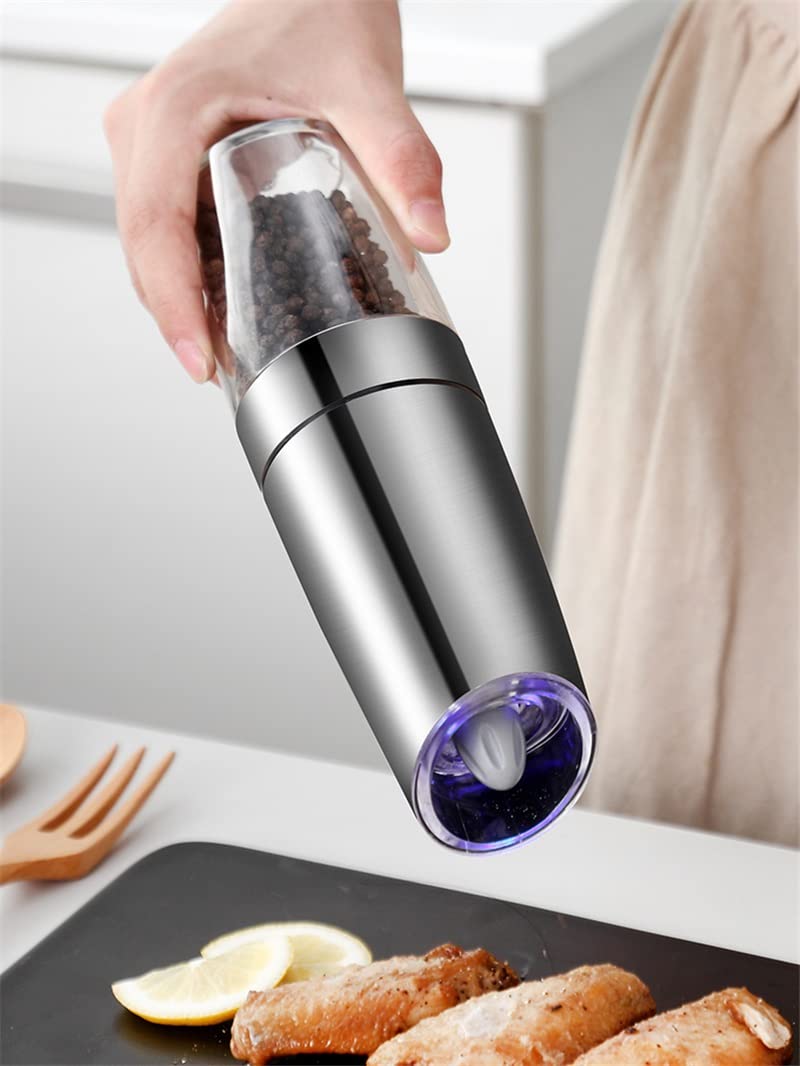 Elektrische automatische Salz- und Pfeffermühle, Gewürzmühle, verstellbare Gewürzmühle mit LED-Licht, Küchenutensilien (Farbe: 3er-Pack) (Argento)