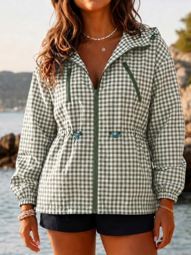 Fisoew Womens Rain Jacket Waterproof Plaid Raincoat Hooded Windbreaker - image 3