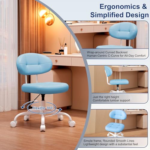 Image of Misolant Vanity Chair with Back, Small Armless Cute Office Chair with Wheels and Lumbar Support, Comfy PU Leather Desk Computer Chairs with Adjustable Height, 360Swivel for Home Bedroom Office, Blue