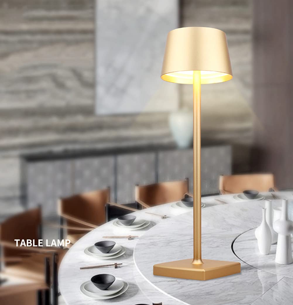 Tischlampe Kabellos, 6000mAh Akku Aufladbar, IP54 Wasserdicht, Warmes Licht LED, Tippen Sie auf Dimmen, Alle Aluminiumlegierungen, Gold