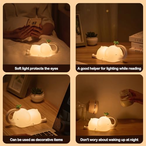 Image of S NMT Cute Elephant Silicone Night Light LED Novelty Lamp 3 Level Dimmable Nursery Nightlight USB Rechargeable Timing Sleeping Lamp for Baby Kids Decor
