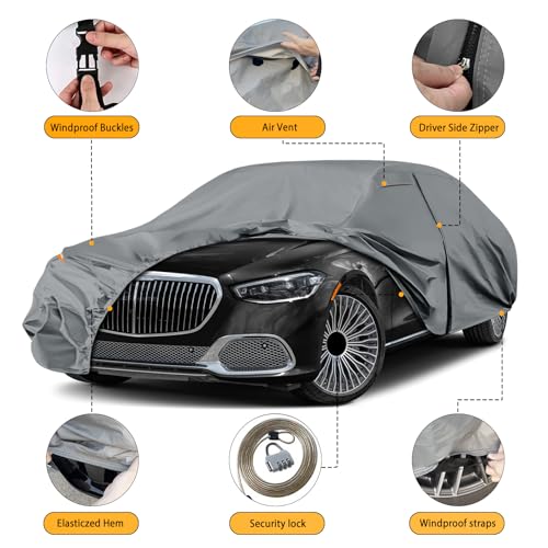 Image of Waterproof Premium Car Covers Replace for 2006-2025 Mercedes Benz S-Class S350 S400 S450, 10 Layers Heavy Duty All Weather Car Cover with Zipper Door, Windproof Bands for Snow Rain Dust Protection