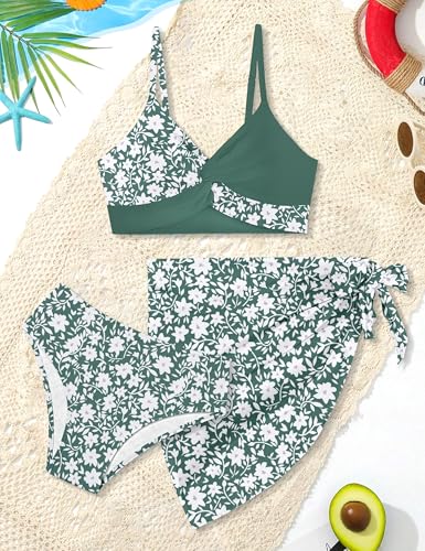 Image of Girls Swimsuit, Bathing Suits 3 Piece Tropical Floral Twist Cross Bikini Sets Girls' Swimwear with Cover Up Skirt 7-16T