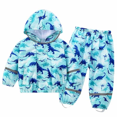FILOWA Regenanzug für Kinder Jungen Wasserdicht Regenjacke & Regenhose Atmungsaktiv Leicht Regenset mit Reflektor Matschanzug Regendichte Kleidung Wandern Regenkleidung 3-4 Jahre, Blau Dinosaurier