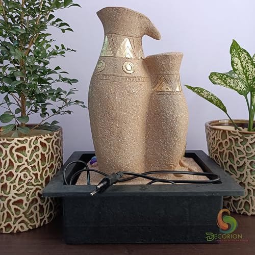 Image of Polyresin Designer Table Top Four Tier Fountain in Yellow Stone for Indoor, Outdoor, Home & Office Decor with Multicolour LED Light and Water Flow Control Pump (Jug & Matki D-065)