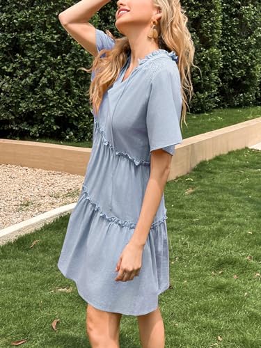 Dellytop Womens Drawstring V Neck Dress Ruffle Tiered Short Sleeve Babydoll Tunic Swing Sundresses4