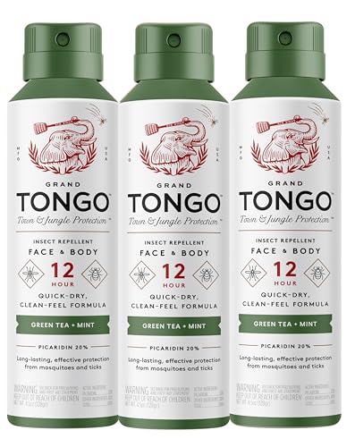 Grand Tongo Green Tea + Mint Insect Repellent, 12-Hour Mosquito & Tick Protection, Picaridin-Based, Water-Based, Lightweight, Quick-Drying, Vanishing Scent, DEET Alternative, Face & Body Use, 3 Pack