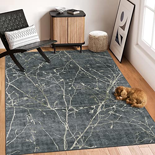 Rugsreal Indoor Area Rug Machine Washable With Non-Slip Backing Perfect For Living Room Hallway And Bedroom Branch Floor Decoration Pastiche Contemporary Floral Patchwork Carpet, 4' X 6', Grey #TOP5