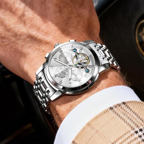 Image of OLEVS Men's Automatic Watch Batteryless Waterproof Mechanical Self Winding Stainless Steel Dress Luxuxry Wrist Watch with Tourbillon, Day-Day-Year & Chronograph Gift for Him Relojes de Hombres