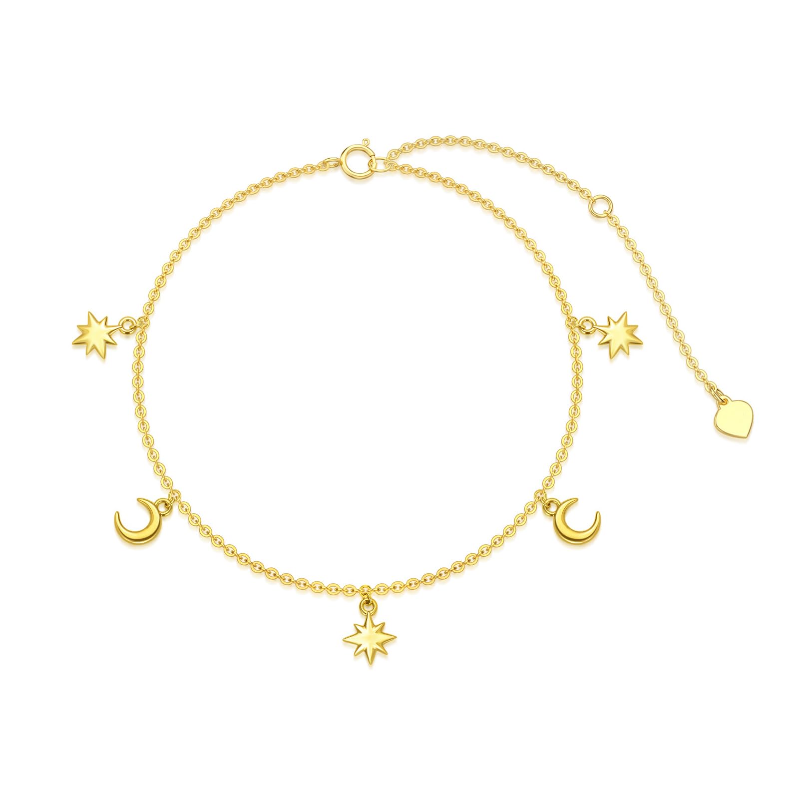 375/9K Echtgold Stern Mond Fußkettchen für Damen, Gelbgold Mond-Stern Quasten Fußkettchen, Exquisit Schmuckgeschenk zum Jahrestag Geburtstag für Ehefrau Mutter Freundin, 20+5cm