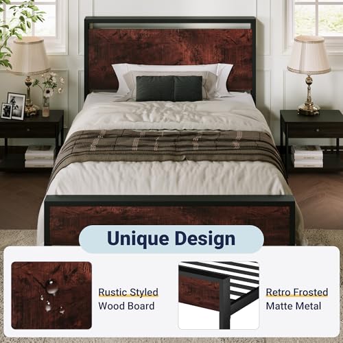 Image of Allewie Twin Size Bed Frame, Heavy Duty 12 Metal Slats Support, Mahogany