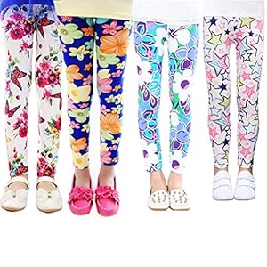 XM-Amigo Lot de 4 pantalons pour filles, motif floral, jambières extensibles (2-13ans)