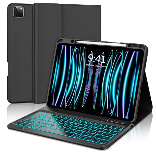 FOGARI Clavier pour iPad Pro 12.9(6e, 5e, 4e, 3e Gén), AZERTY Français Rétroéclairage 7 Couleurs Clavier pour iPad Pro 12.9 (2022-2018), Noir