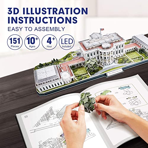 Cubicfun 3D Puzzles For Adults Led Rotatable White House With Detailed Interior Model Kit, Lighting 3D Puzzle Us Architecture Building Family Puzzle Desk Decor Birthday Gifts For Women Men, 151 Pieces #TOP5